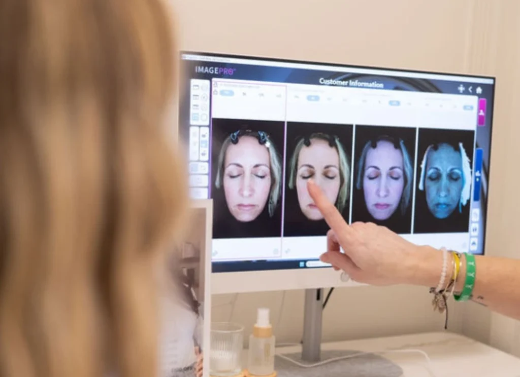 Skin specialist showing Helix CO₂ before-and-after skin analysis